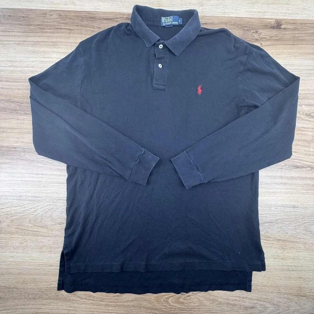 Ralph Lauren Polo‎ Shirt Mens Large Black Long Sleeve Pony Solid Cotton Vintage